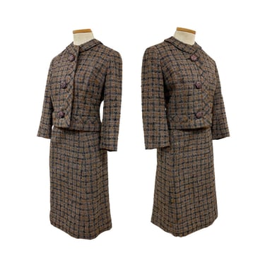 Vtg 1960s Woven Plaid Tartan Autumn Hue Boss Babe Jackie O Skirt Suit Set 