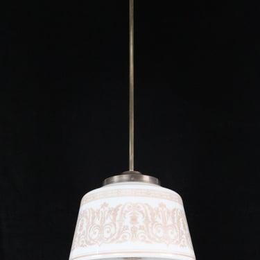1920s Classical Stenciled Milk Glass Drum Pendant Light