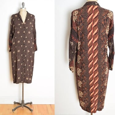 vintage 70s dress brown black floral print button up hippie boho midi duster M clothing 
