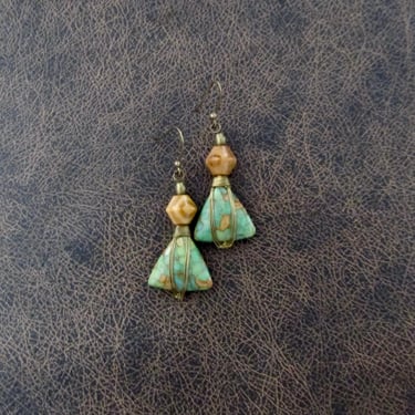 Mosaic marble stone earrings, mid century modern earrings, statement earrings, green imperial jasper earrings, triangle earrings, unique 