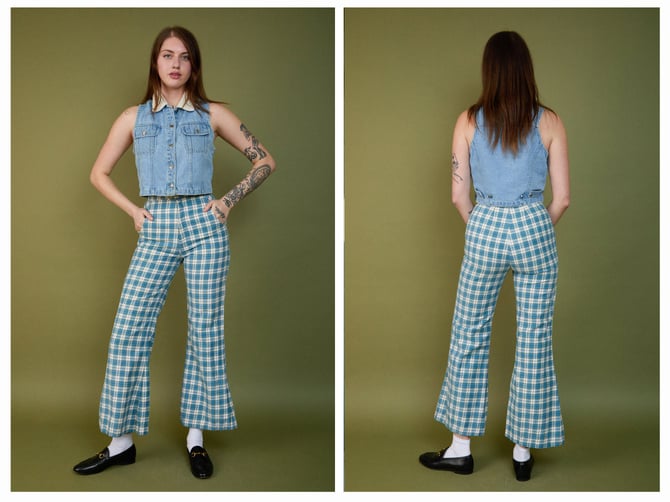 Vintage 1960s 60s Blue Checkered High Waisted Bell Bottom