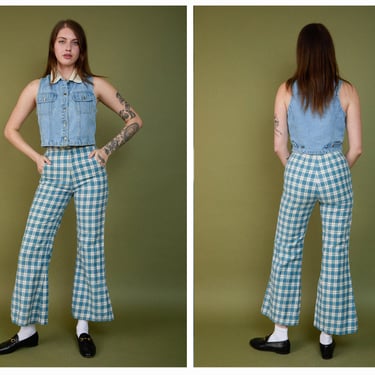Vintage 1960s 60s Blue Checkered High Waisted Bell Bottom Flared Pants Trousers 