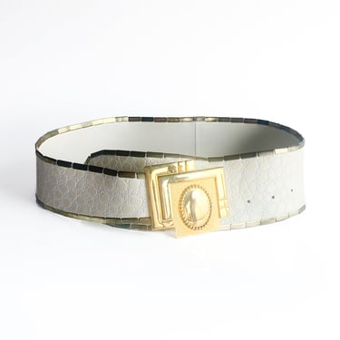 1980s Wide Cream and Gold Leather Belt, sz L-2XL