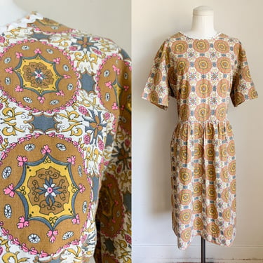 Vintage 1960s Mustard Kaleidoscope Cotton Day Dress / L-XL 