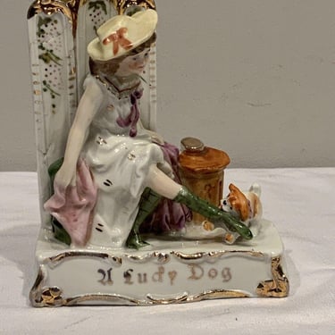 Antique German Porcelain Fairing Lady With Dog, Library decor gifts, shelf decor statues, Girl and dog figurines, gifts for granddaughter 