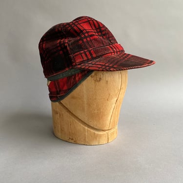1930s 1940s Lumberjack Plaid Hunting Cap / Vintage Antique Hat / Antique Hunting Cap / Antique Hunting Hat / Red Plaid Corduroy Hat 