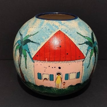Vintage Diane Kwiecien Hand Painted Pottery Vase Island Life 6" 