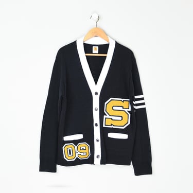Vintage 90s Stitched-Letters Cardigan - black, white, collegiate, preppy, sweater - Women's M, oversized fit 