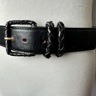 90’s Wide black leather dressy belt with braided detail~ glossy rich black~ 1990’s boho trends~ size large 