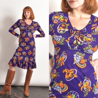 Vintage 1970s Dress / 70s Fruit Print Lace Up Dress / Purple ( small S ) 