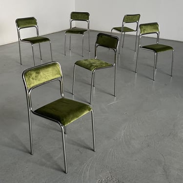 Set of 6 Bauhaus Chrome Tubular Steel and Green Velvet Chairs / 80s Italian Modernist Stackable Dining Chairs 