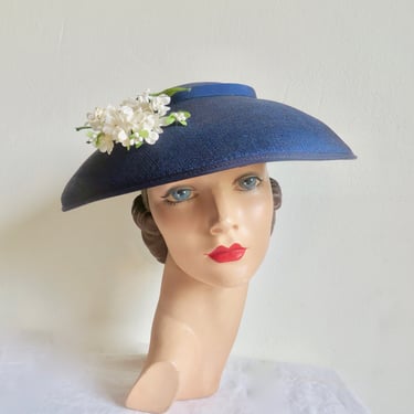 1950's Navy Blue Woven Linen Platter Hat White Floral Trim Rockabilly Retro 50's Spring Summer Millinery 