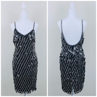 1980s Vintage Alyce Designs Black Silk Beaded Dress / 80s / Eighties Silver Tear Drop Sequin Disc Party Dress / Size Medium 