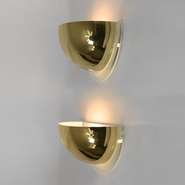 Pair of Vintage Honsel Postmodern Golden Demilune Lucite Wall Fixtures Sconces Lamps Accent Lights Space Age Half Dome Office Decor Shell 