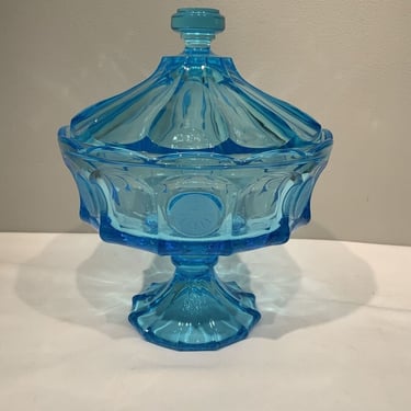 RARE Large Ice Blue Fostoria Coin Pedestal Compote w/Lid, MCM dinning room decor, wedding gift, housewarming gifts, dining candy dish 