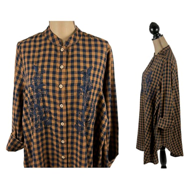L Y2K Brown Gingham Cotton Tunic Dress Large, Mandarin Collar Button Up with Pockets, Loose Casual 2000s Clothes for Women APRIL CORNELL 