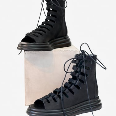 Saphira Black Leather Open Toe Boot
