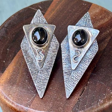Vintage Sterling Silver Geometric Earrings Onyx Pierced Ears Signed Jewelry 