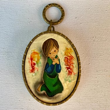 Praying boy tile with metal frame and hanger, Made In Spain, mid century modern, harlequin boy 