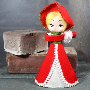 1950s Christmas Doll Decoration | Vintage Dime Store Christmas Decor | Made in Japan | Paper Cone Dress | Loop Arms | Stockinette Doll 