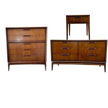 Free shipping within Continental US - Vintage Mid Century  Solid Walnut Dresser and End Table Set  Dovetailed Drawers by United Furniture. 