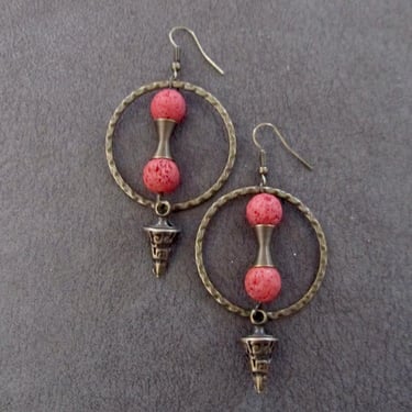Bronze hoop earrings with red lava rock 