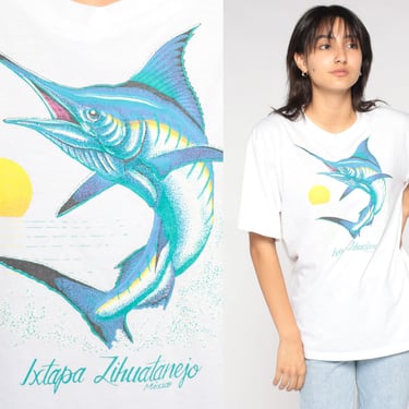 Swordfish T-Shirt 90s Mexico Shirt Ixtapa Zihuatanejo TShirt Fish Ocean Fishing Graphic Tee White Single Stitch Vintage 1990s Medium Large 