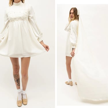 Vintage 1960s 60s Pearl Encrusted Ivory Balloon Sleeve Mini Dress w/ Full Length Veil // Short Wedding Dress Engagement Bridal Elopement 