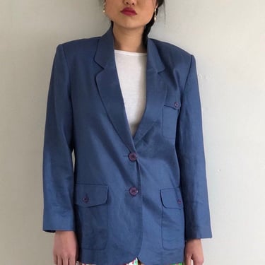 90s linen blazer / vintage indigo blue woven linen safari pocket blazer | Medium 
