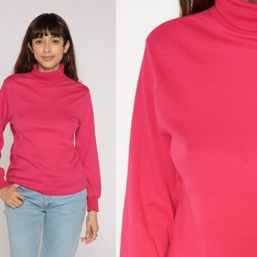 Hot Pink Turtleneck 90s Long Sleeve Shirt Basic Top Normcore Pullover Simple Plain Layering Minimalist Bright Pink Tee Vintage 1990s Large L 