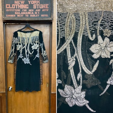 Vintage 1980’s Metallic Lurex Art Deco Style Sheer Floral Dress, Vintage 1980’s Dress, Lurex, Floral, Metallic Thread, Art Deco, Sheer Dress 