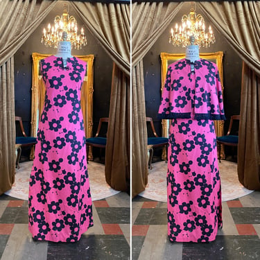 1960s maxi dress, hot pink and black, mod, vintage dress and cape, frog closure, 60s daisy print, sleeveless, kaftan, fringe, medium, 28 29 