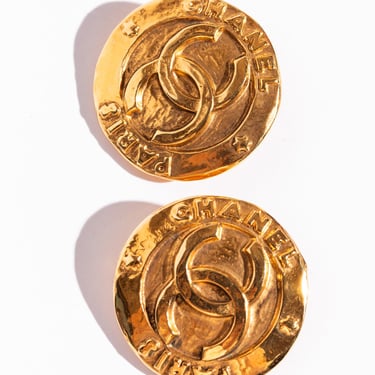 CHANEL 80s Gold CC Medallion Clip On Earrings