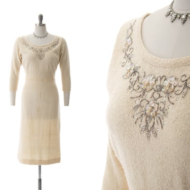 Vintage 1950s Sweater Dress | 50s Beaded Sequin Knit Wool Cream Wiggle Sheath Cocktail Dress (small/medium) 