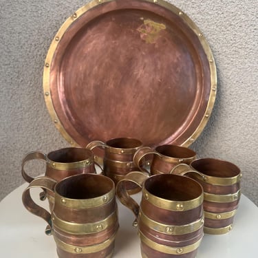 Vintage Set Of 6 Brutalist Barrel Mugs Copper Brass With Large Tray 