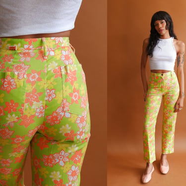 Vintage 70s Lilly Pulitzer Floral Jeans/ 1970s High Waisted Colorful Pants/ Size Small 26 