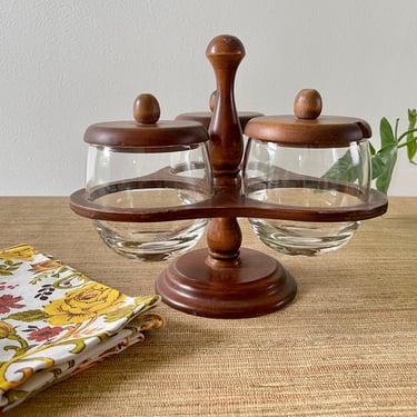 Vintage Condiment Server with Lids - Wood Condiment Caddy - Three Glass Jars and Lids - Jam and Jelly Server - Wood and Glass Snack Server 