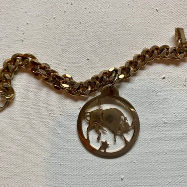 Mid Century Taurus Charm Bracelet, Chunky Gold Tone Bracelet, Taurus The Bull, Zodiac Astrological Signs 