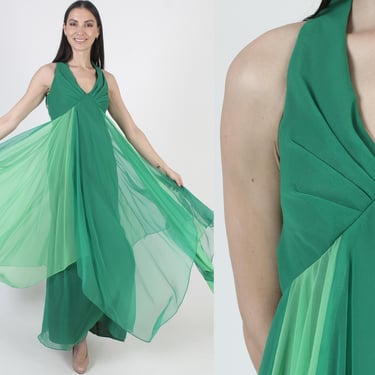 70s Green Chiffon Party Dress, Vintage Grecian Goddess, Sheer Full Skirt, Disco Dancing Outfit 