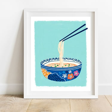Noodle Bowl 8 X 10 Kitchen Print/ Food Illustration Wall Decor/ Blue Asian Inspired Soup Bowl With Ramen Art/ 