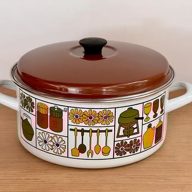 Vintage 70s Enamelware Dutch Oven Pot w Lid Retro Mid Century Design Green Orange and Brown Flower Power Daisies & Kitchen Graphics 