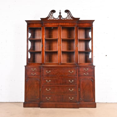 Baker Furniture Style Georgian Flame Mahogany Bubble Glass Breakfront Bookcase Cabinet With Drop Front Secretary Desk