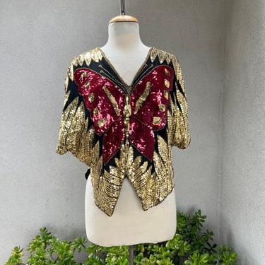 Vintage glam rave sequins butterfly sheer top gold burgundy black Sz Medium 