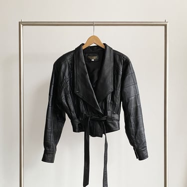 Black Cropped Textured Leather Jacket