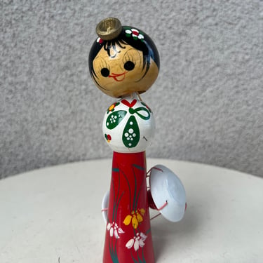 Vintage Korean wood peg doll with spinner bobble nodder  head 7” 