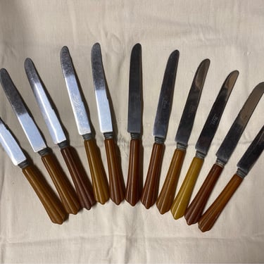 11 Kent French Bakelite Knife Set~ Stainless Steel Knives, Butterscotch Handles, circa 1940's Dining Utensils ~ Old Farmhouse Set of Knives 