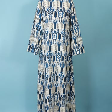 Gorgeous Vintage Blue, White, and Ivory Batik Extra Long Kaftan with Bell Sleeves (M/L) 