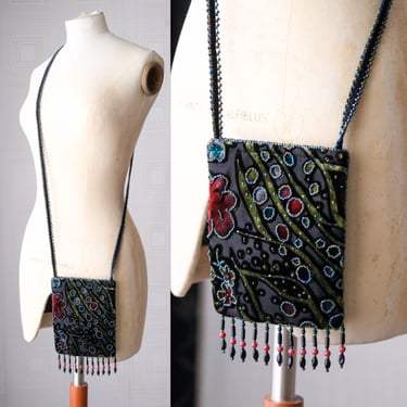 Vintage 90s Velvet Floral Burnout Mini Crossbody Zip Pouch Bag w/ Vibrant Micro Bead Trimming and Tassel Fringe | 1990s Y2K Crossbody Bag 