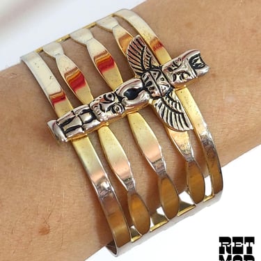 Vintage 70s Totem Pole Statement Metal Cuff Bracelet 