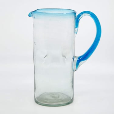 1970's Mexican Sea Glass Hand-Blown Aqua Blue Glass Pitcher 